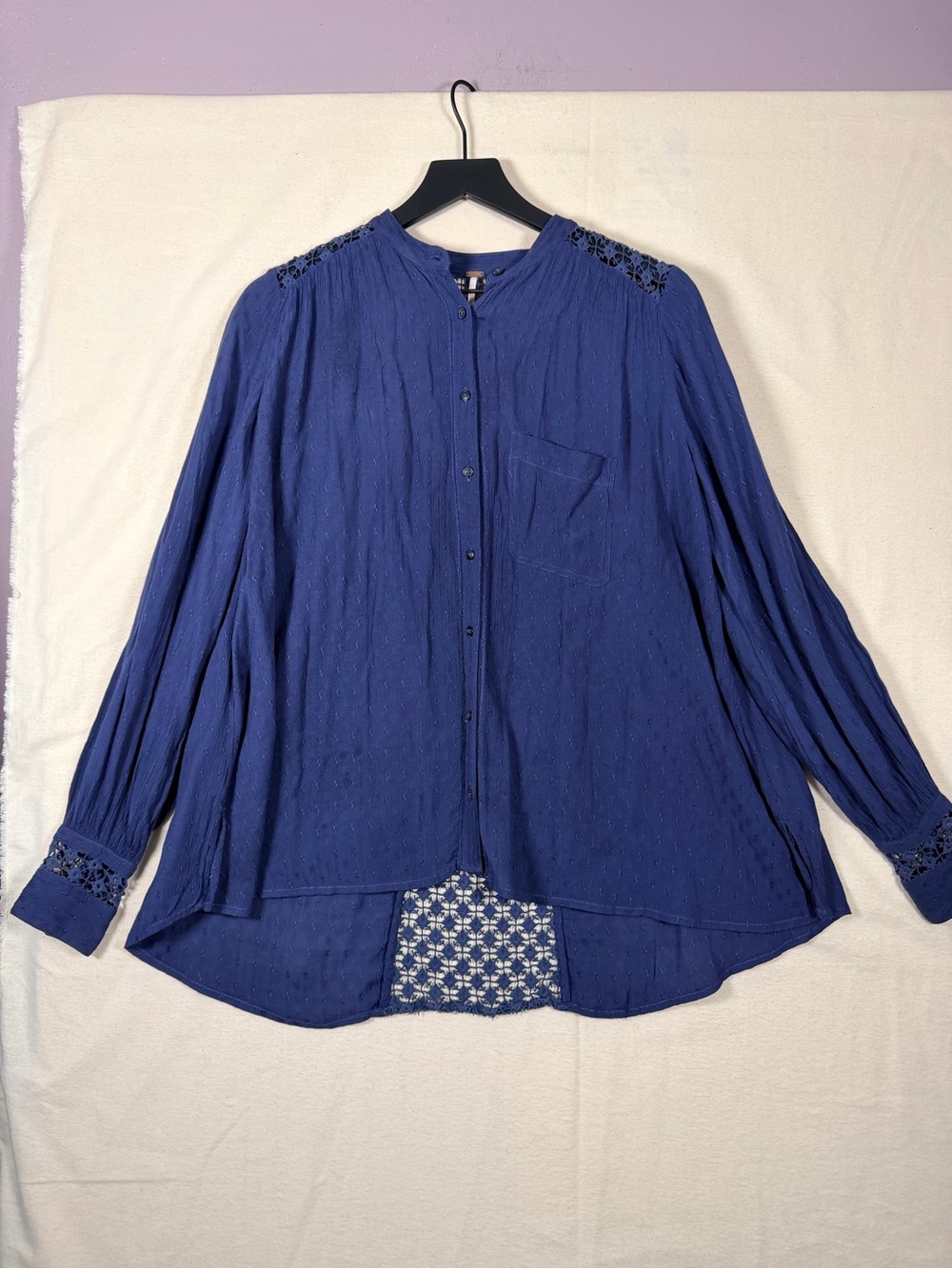 Free People The Best Blouse Indigo Blue Button-Down Crochet Detail Blouse